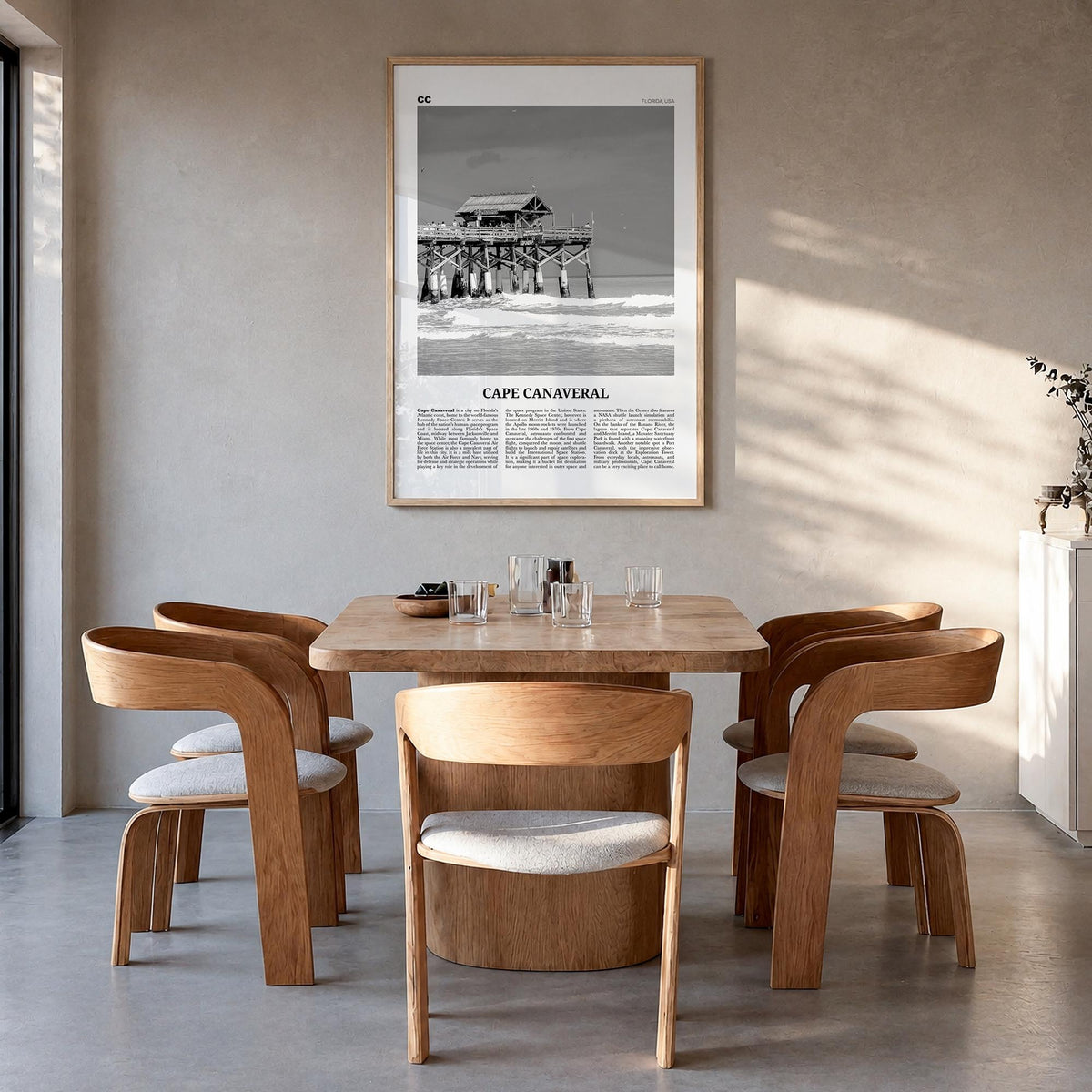 Cape Canaveral black & white newspaper poster of Florida, USA – vertical wall art in natural wood frame, hanging on wall