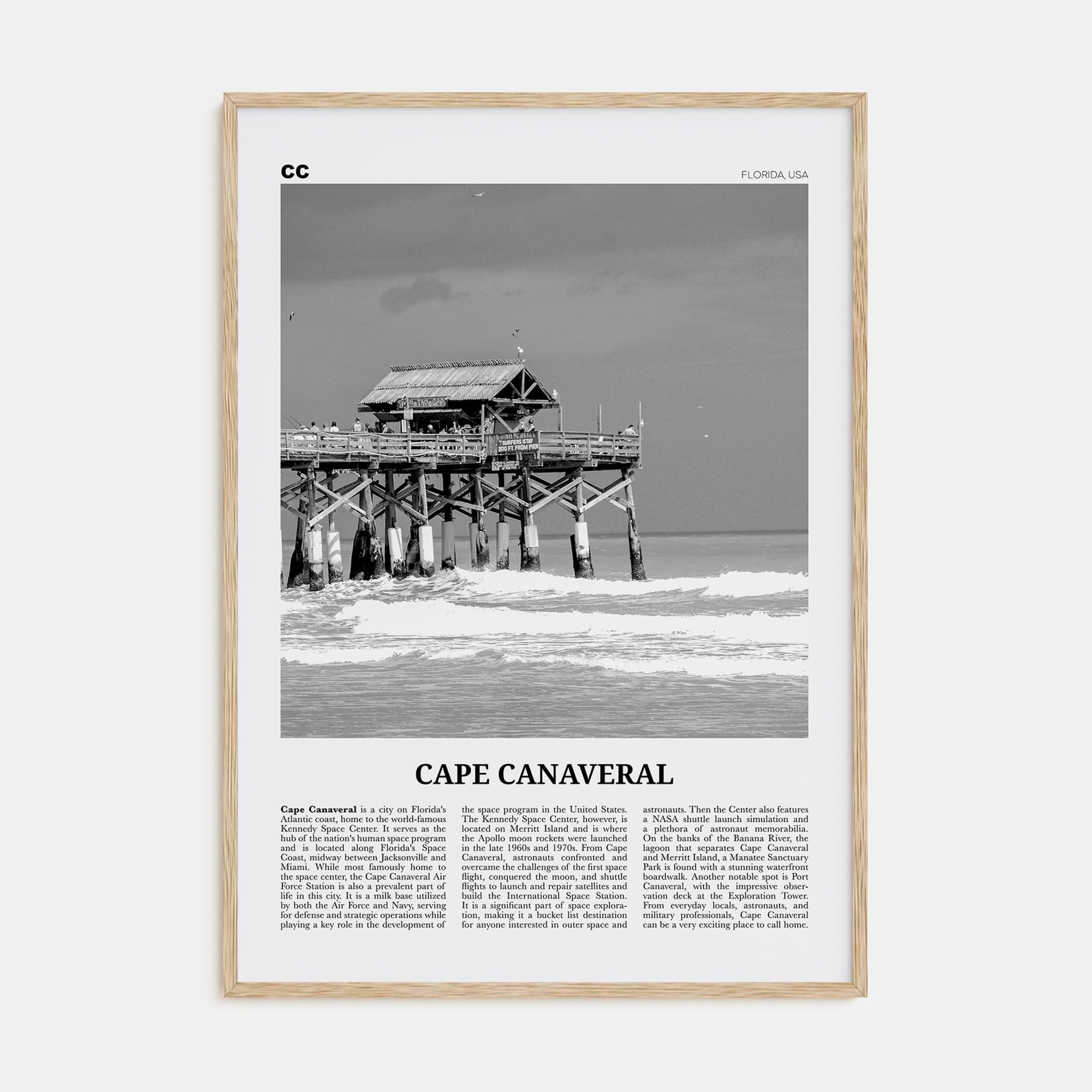 Cape Canaveral Poster Natural Wood / 8x12 in Nbourhood Travel B&W Poster