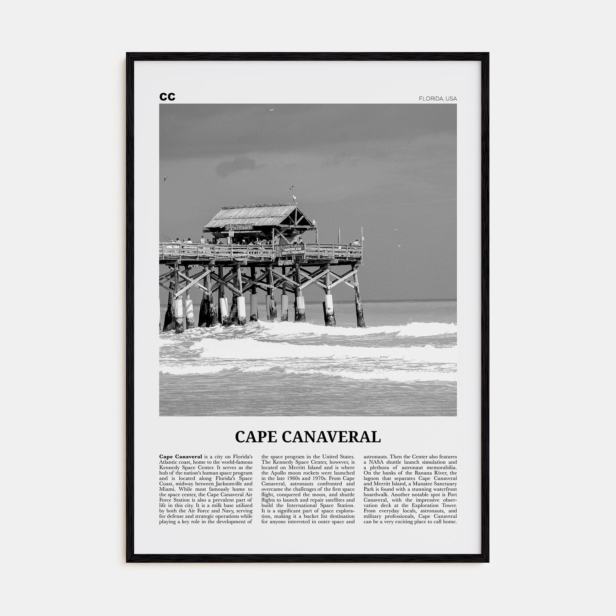 Cape Canaveral Poster Black Wood / 8x12 in Nbourhood Travel B&W Poster