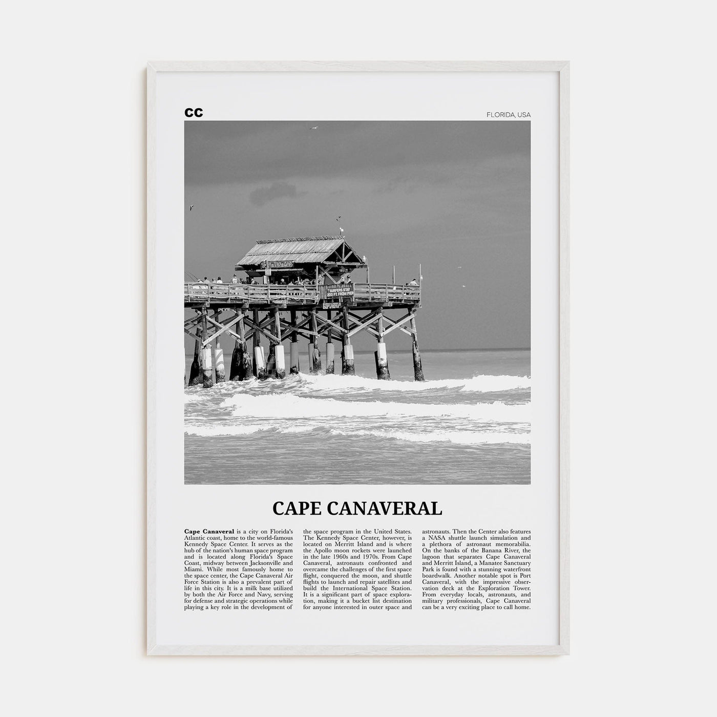 Cape Canaveral Poster White Wood / 8x12 in Nbourhood Travel B&W Poster