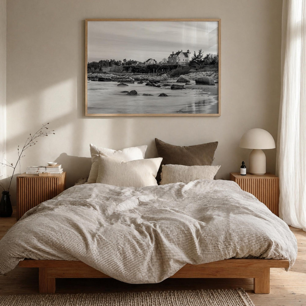 Cape Cod black & white photo poster of Massachusetts, USA – horizontal wall art in natural wood frame, hanging on wall