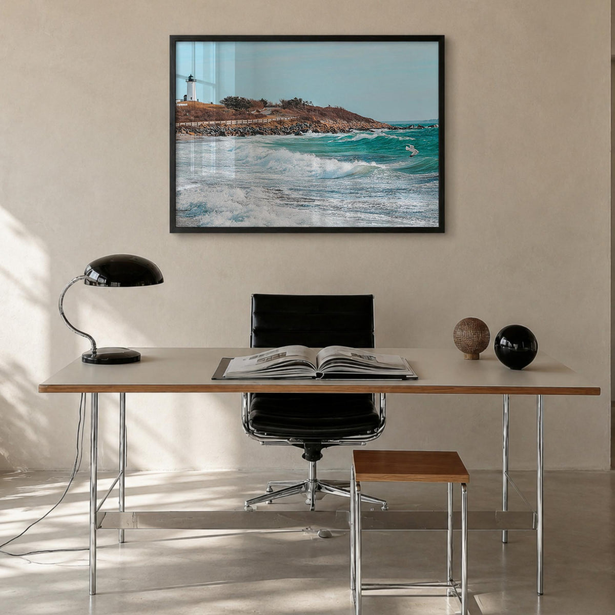Cape Cod colorful photo poster of Massachusetts, USA – horizontal wall art in black wood frame, hanging on wall