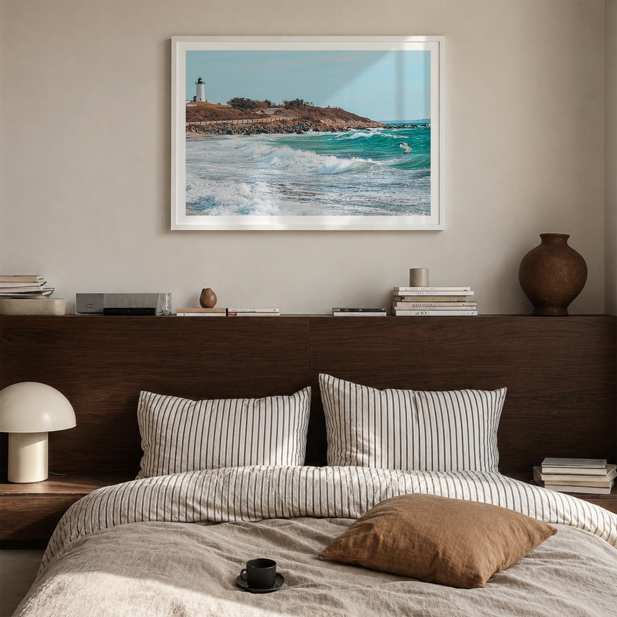 Cape Cod colorful photo poster of Massachusetts, USA – horizontal wall art in white wood frame with white border, hanging on 