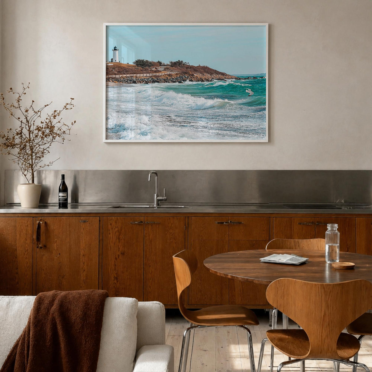 Cape Cod colorful photo poster of Massachusetts, USA – horizontal wall art in white wood frame, hanging on wall