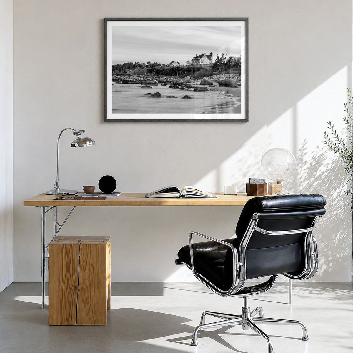 Cape Cod Photo Poster in a black wood frame, hanging in a bright home office, white border