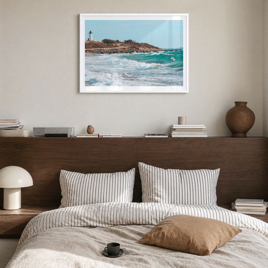 Cape Cod Photo Poster in a white wood frame, hanging in a bedroom, white border