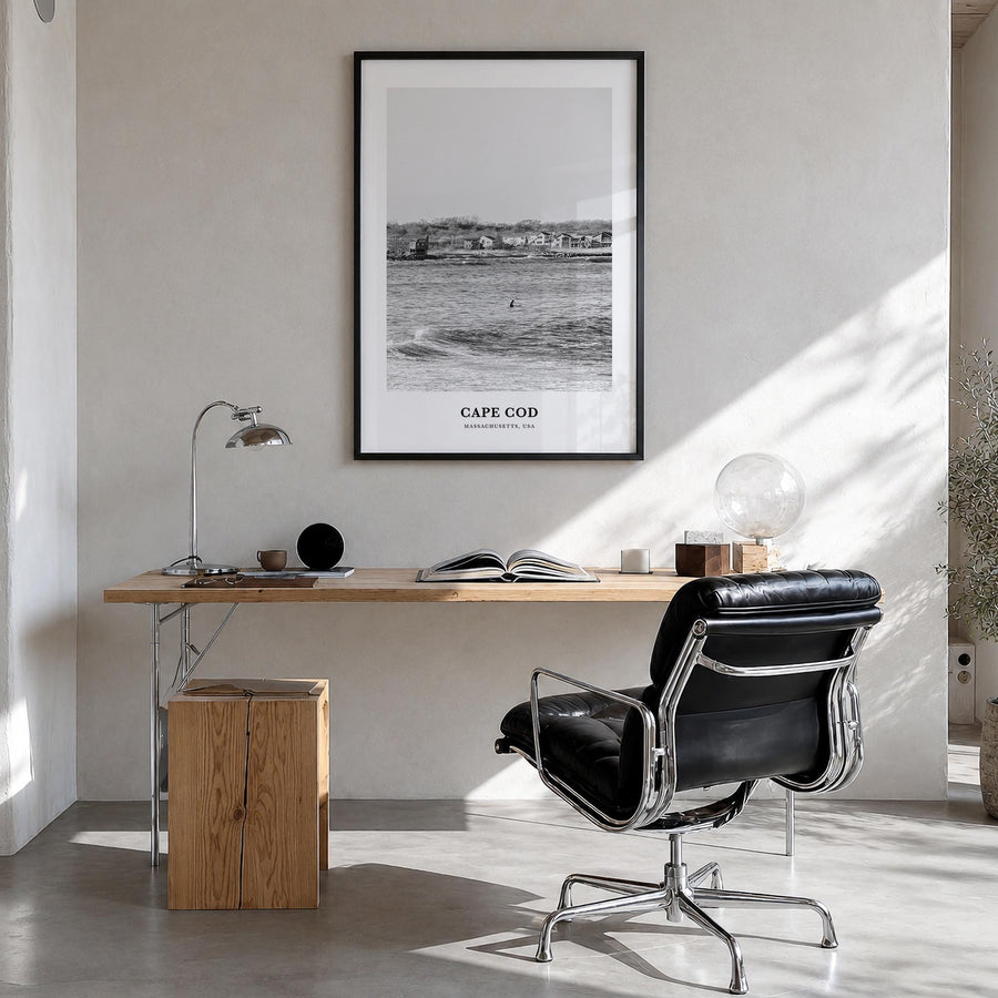 Cape Cod no. 1 black & white classic poster of Massachusetts, USA – vertical wall art in black wood frame, hanging on wall
