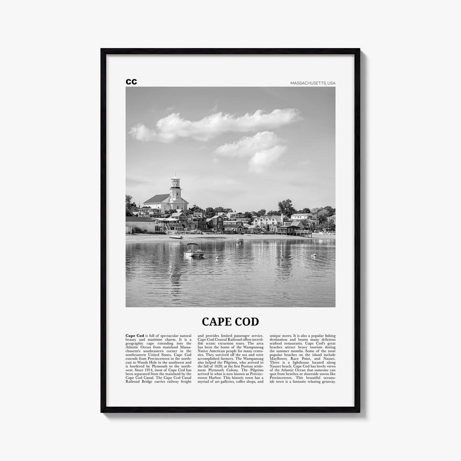 Cape Cod no. 1 black & white newspaper poster of Massachusetts, USA – vertical wall art, unframed print shown in interior moc