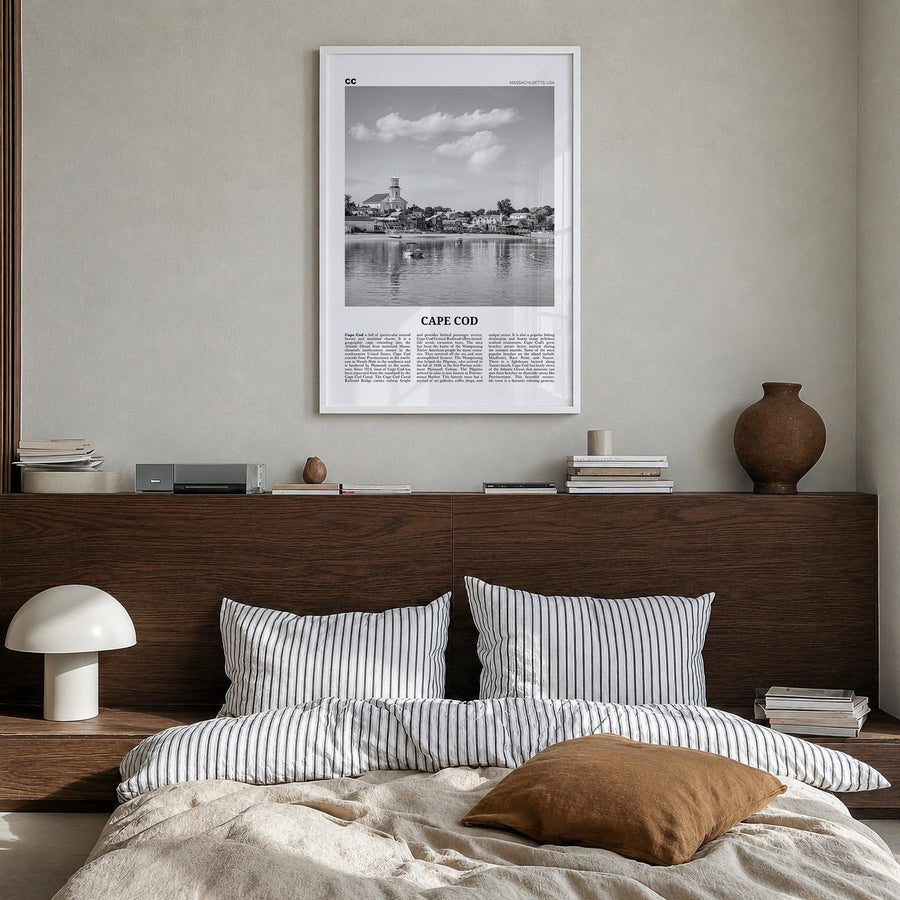 Cape Cod no. 1 black & white newspaper poster of Massachusetts, USA – vertical wall art in white wood frame, hanging on wall