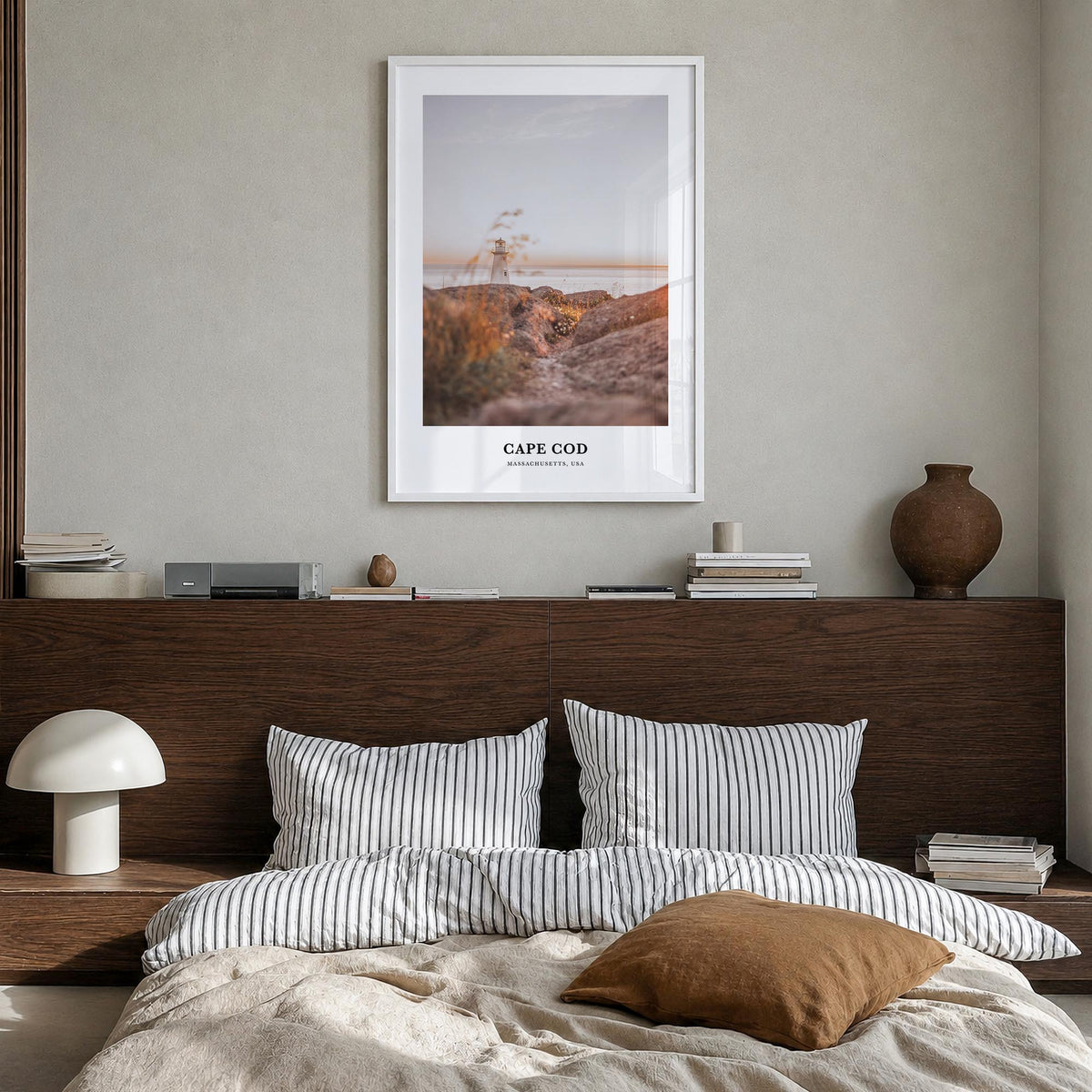 Cape Cod no. 1 colorful classic poster of Massachusetts, USA – vertical wall art in white wood frame, hanging on wall