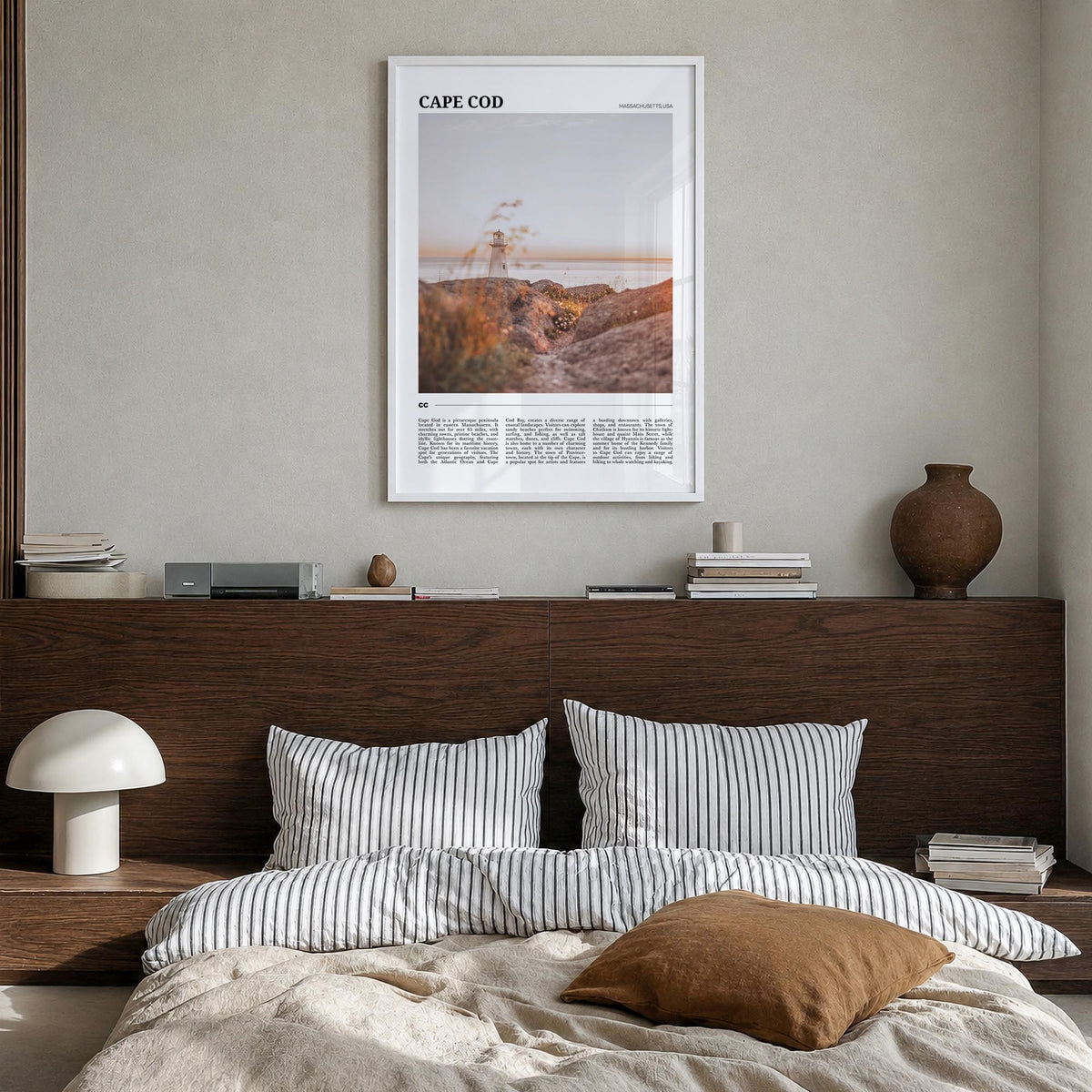Cape Cod no. 1 colorful travel poster of Massachusetts, USA – vertical wall art in white wood frame, hanging on wall