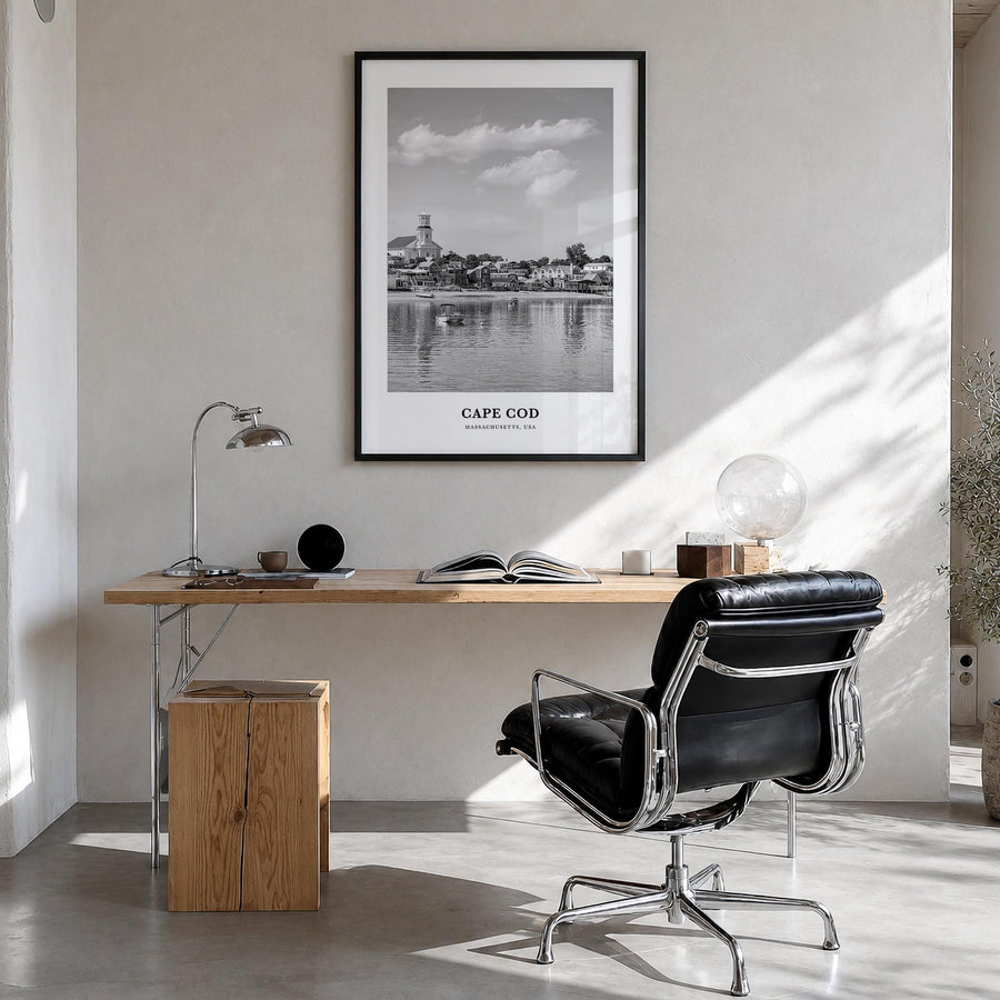 Cape Cod no. 2 black & white classic poster of Massachusetts, USA – vertical wall art in black wood frame, hanging on wall