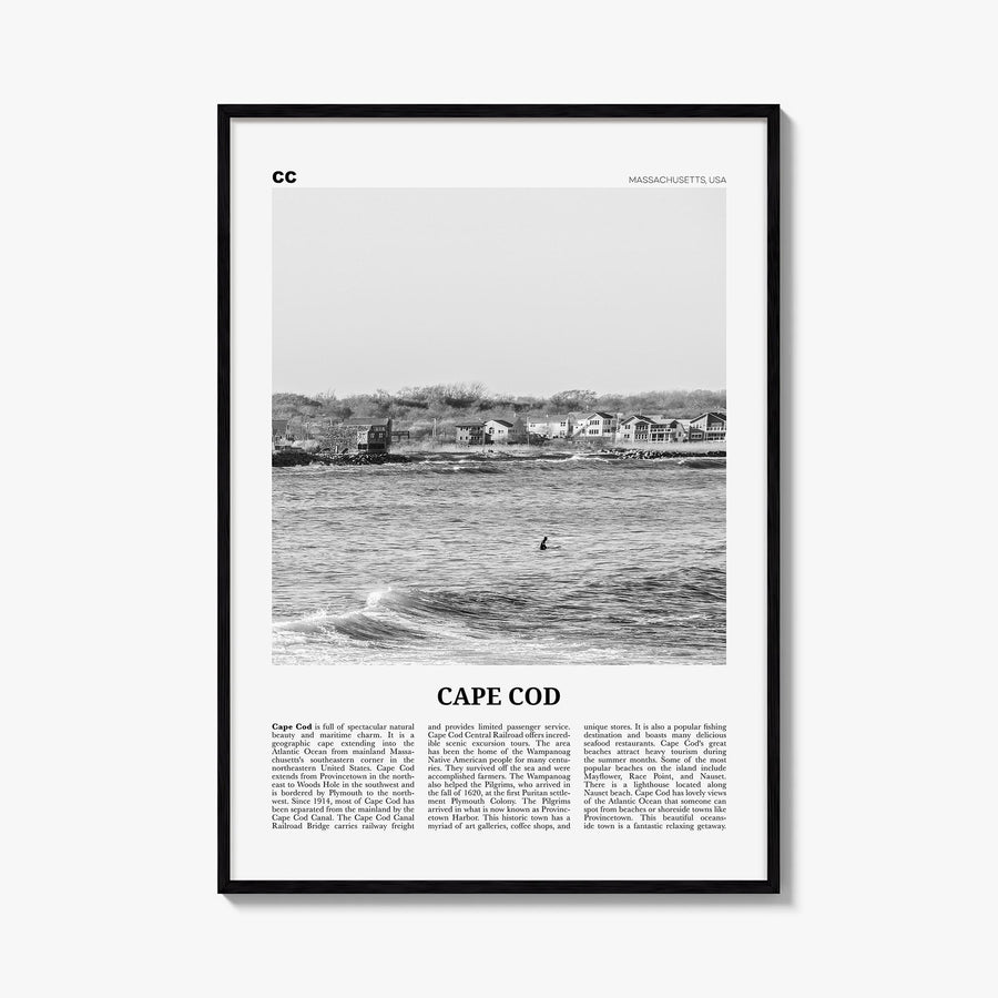 Cape Cod no. 2 black & white newspaper poster of Massachusetts, USA – vertical wall art, unframed print shown in interior moc