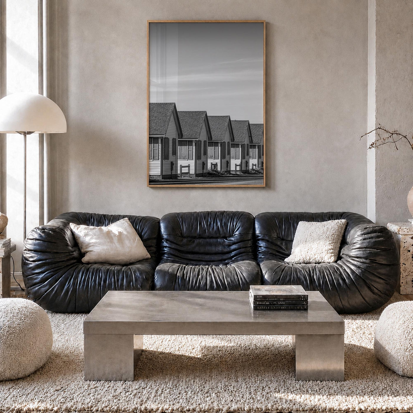 Cape Cod no. 2 black & white photo poster of Massachusetts, USA – vertical wall art in natural wood frame, hanging on wall