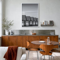 Cape Cod no. 2 black & white photo poster of Massachusetts, USA – vertical wall art in white wood frame, hanging on wall