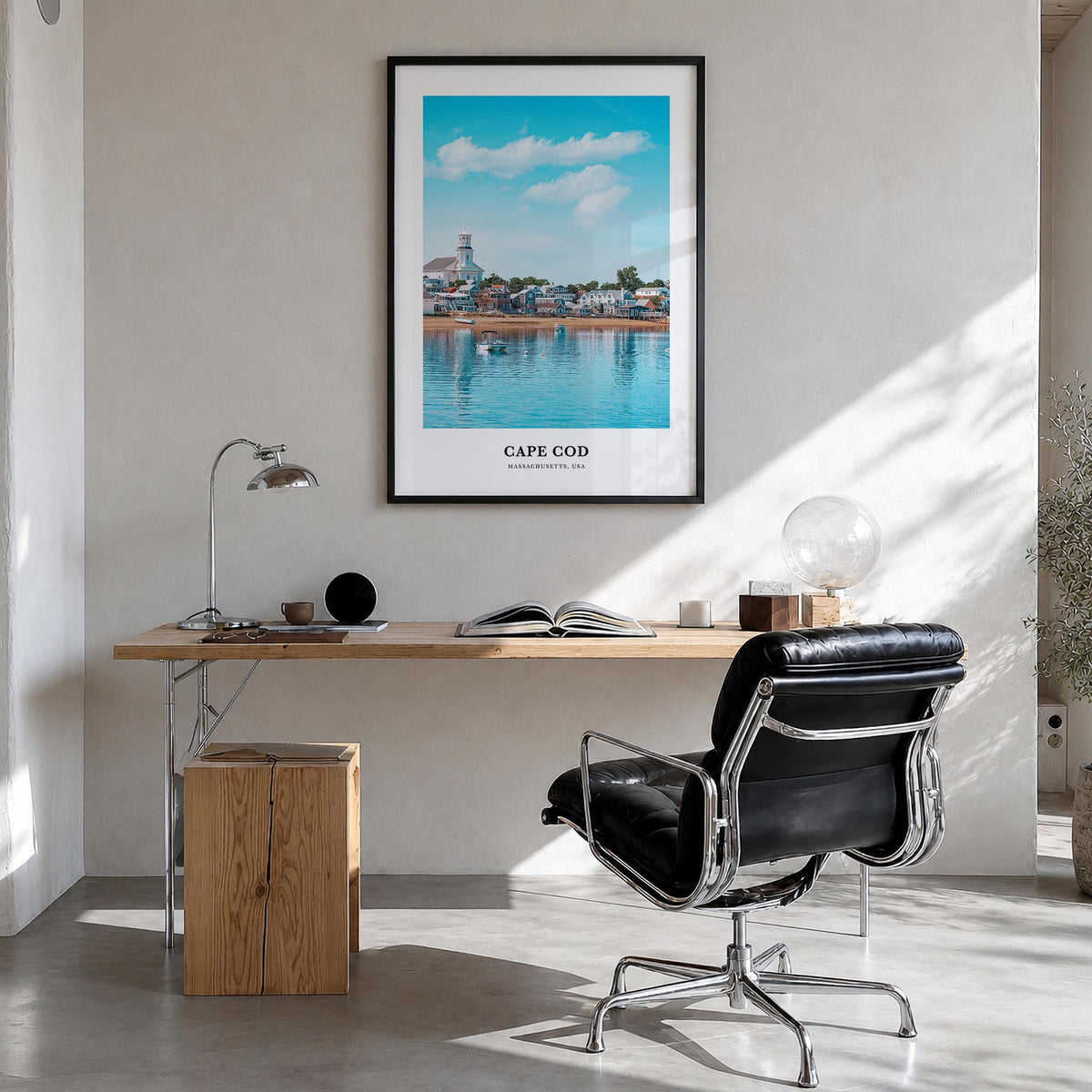 Cape Cod no. 2 colorful classic poster of Massachusetts, USA – vertical wall art in black wood frame, hanging on wall