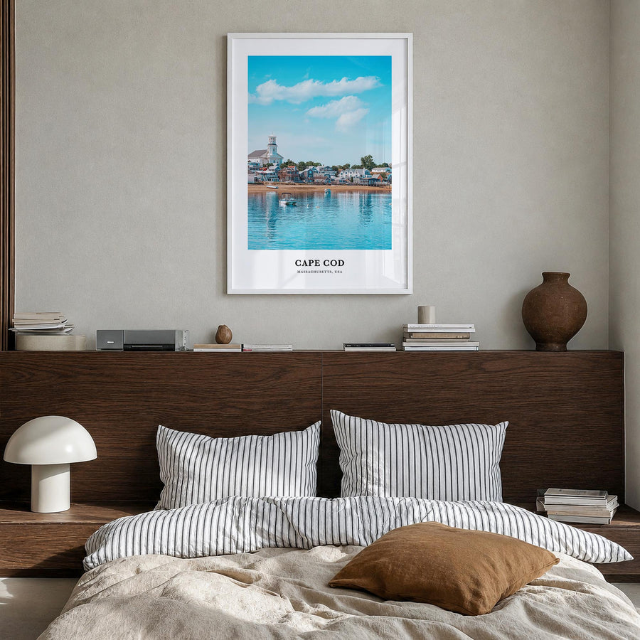Cape Cod no. 2 colorful classic poster of Massachusetts, USA – vertical wall art in white wood frame, hanging on wall