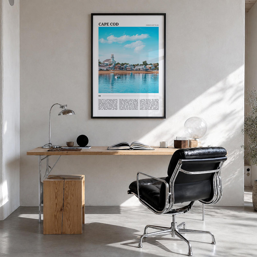Cape Cod no. 2 colorful travel poster of Massachusetts, USA – vertical wall art in black wood frame, hanging on wall