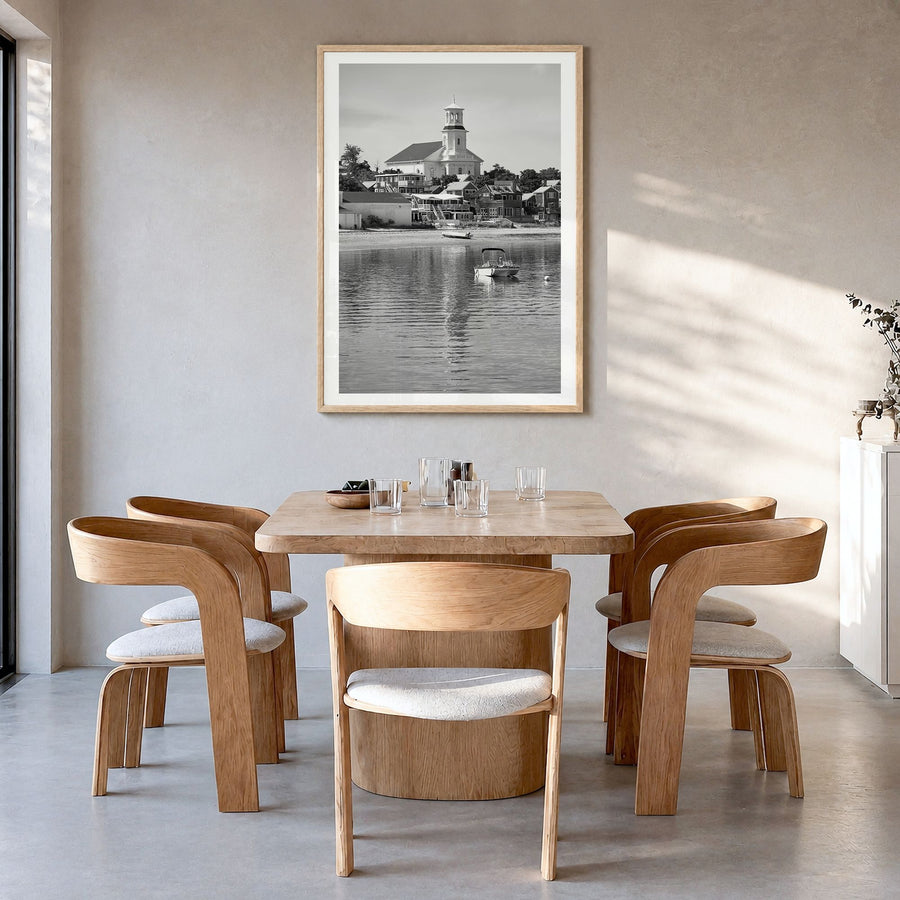 Cape Cod Photo No 1 Poster in a natural wood frame, hanging in a dining room, white border