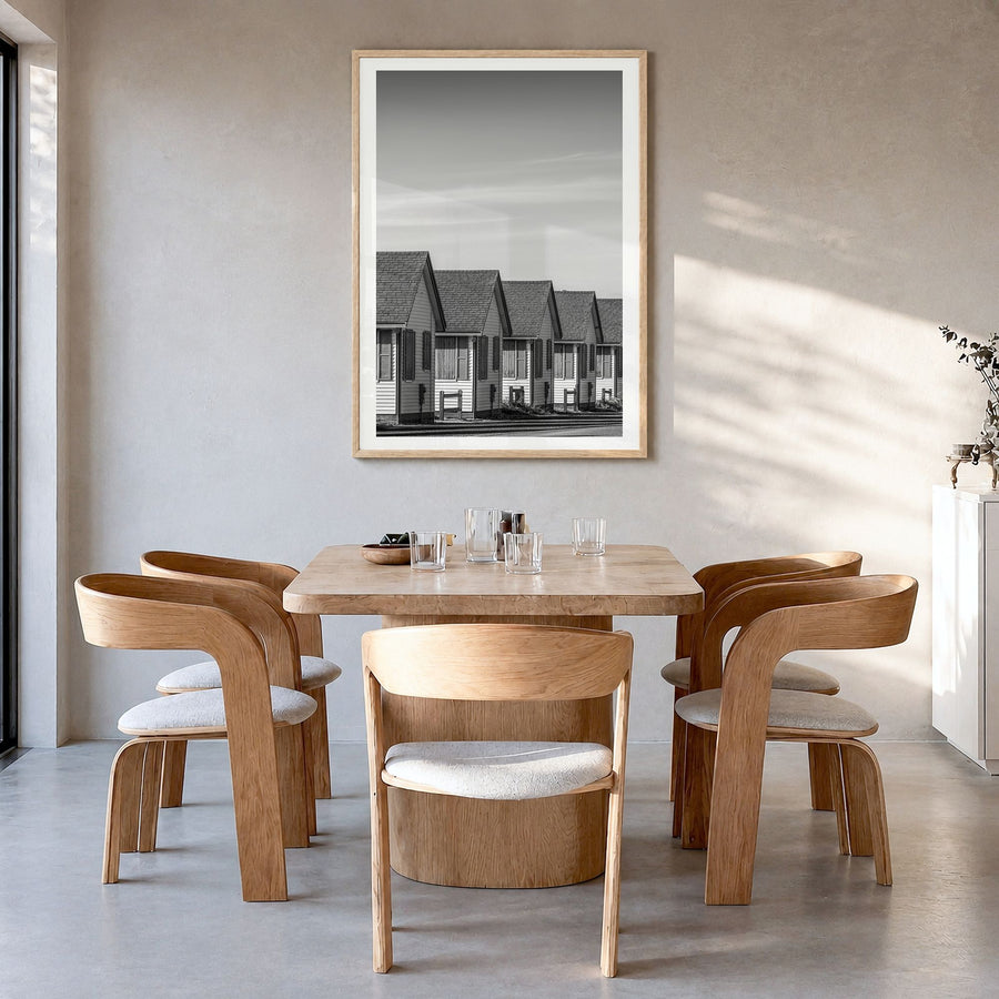Cape Cod Photo No 2 Poster in a natural wood frame, hanging in a dining room, white border