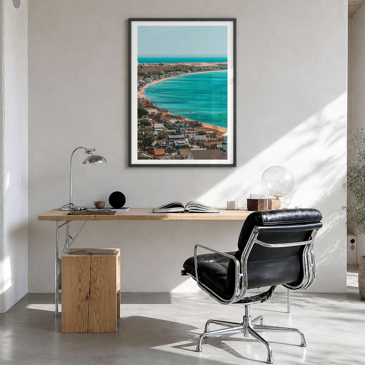 Cape Cod Photo No 1 Poster in a black wood frame, hanging in a bright home office, white border
