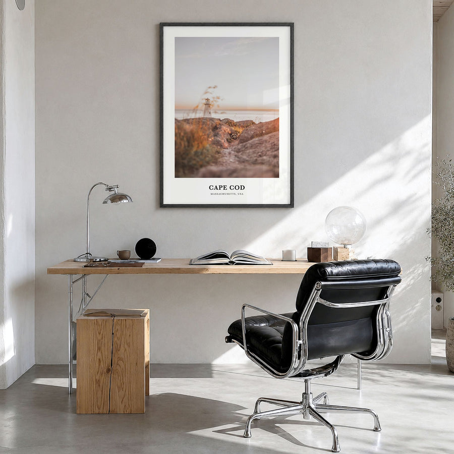 Cape Cod Classic No 1 Poster in a black wood frame, hanging in a bright home office