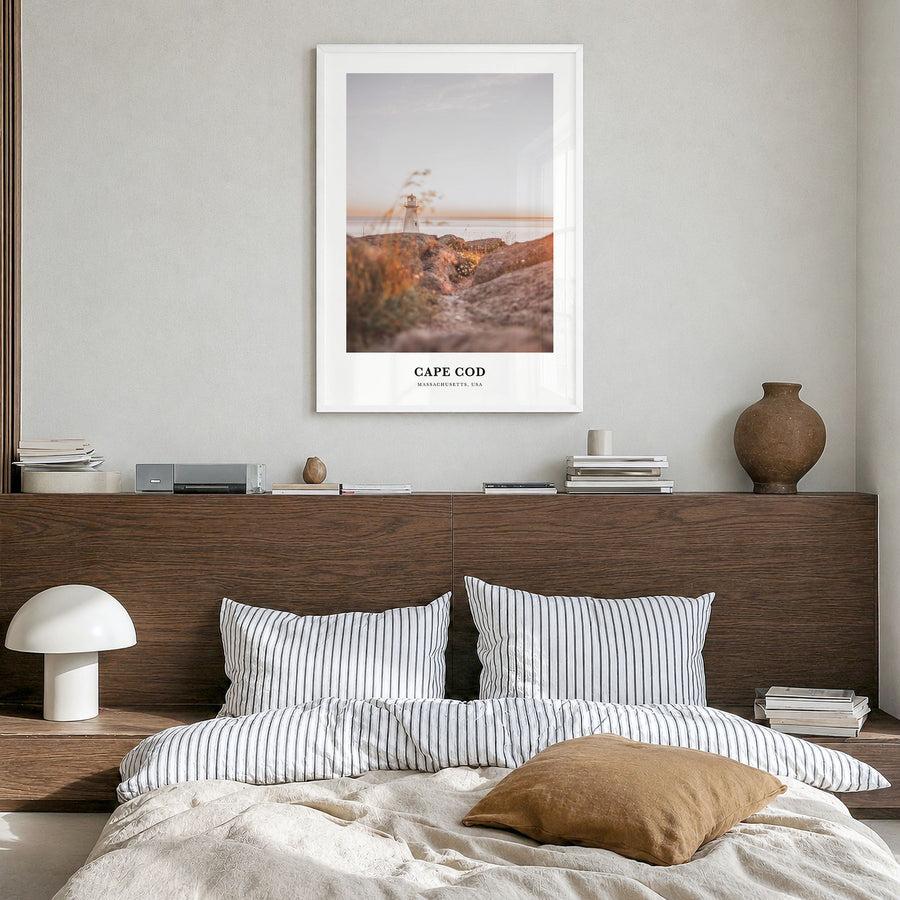 Cape Cod Classic No 1 Poster in a white wood frame, hanging in a bedroom