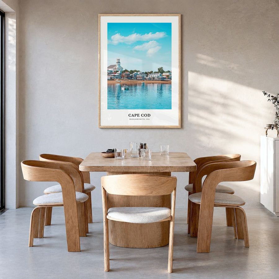 Cape Cod Classic No 2 Poster in a natural wood frame, hanging in a dining room