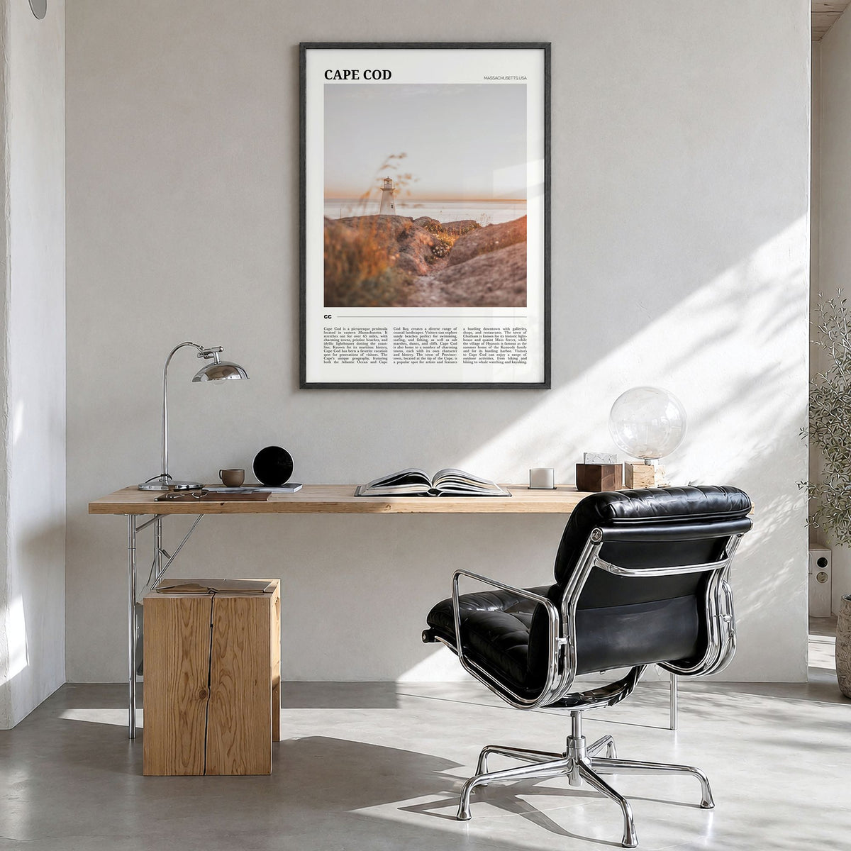 Cape Cod Travel No 1 Poster in a black wood frame, hanging in a bright home office