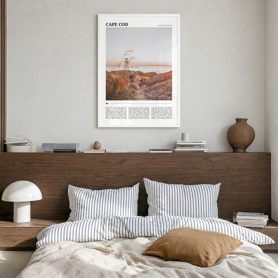 Cape Cod Travel No 1 Poster in a white wood frame, hanging in a bedroom