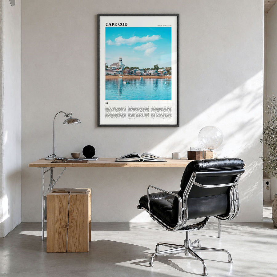 Cape Cod Travel No 2 Poster in a black wood frame, hanging in a bright home office