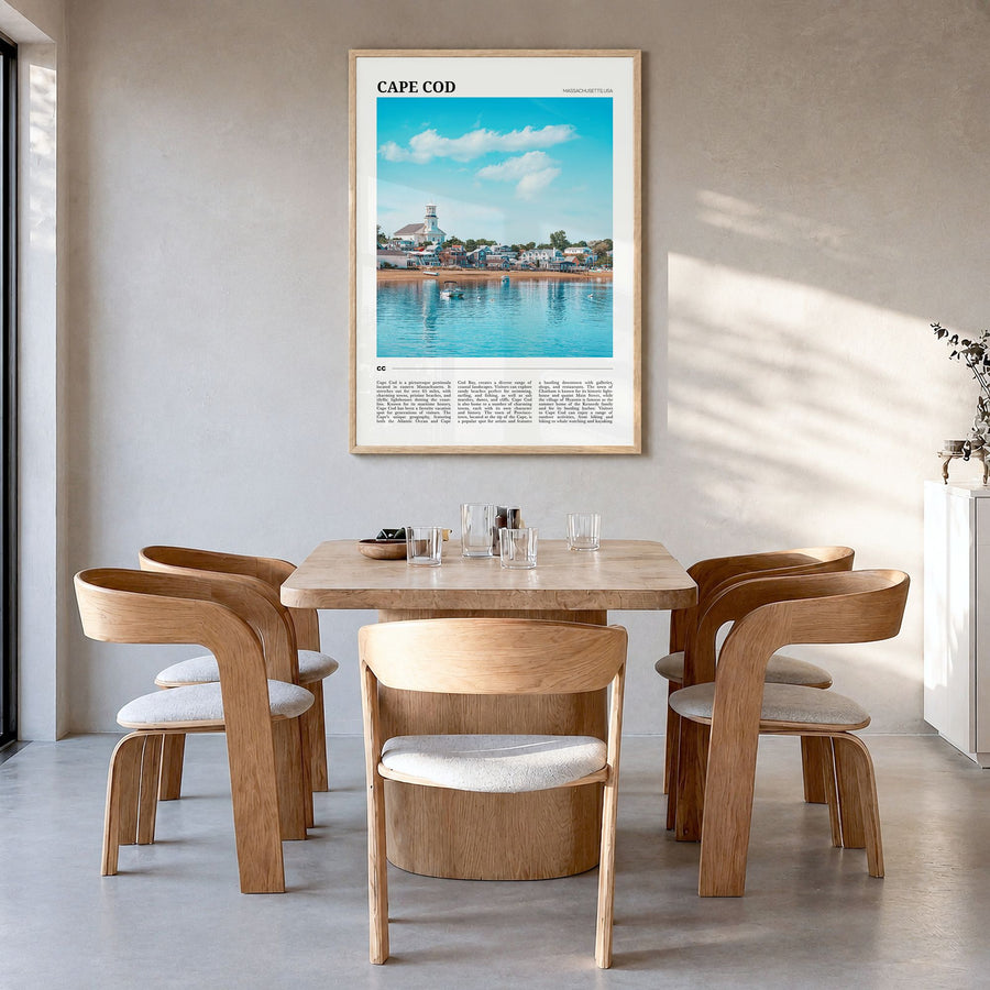 Cape Cod Travel No 2 Poster in a natural wood frame, hanging in a dining room
