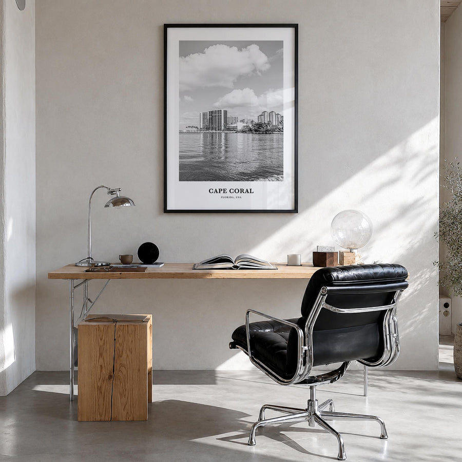 Cape Coral black & white classic poster of Florida, USA – vertical wall art in black wood frame, hanging on wall