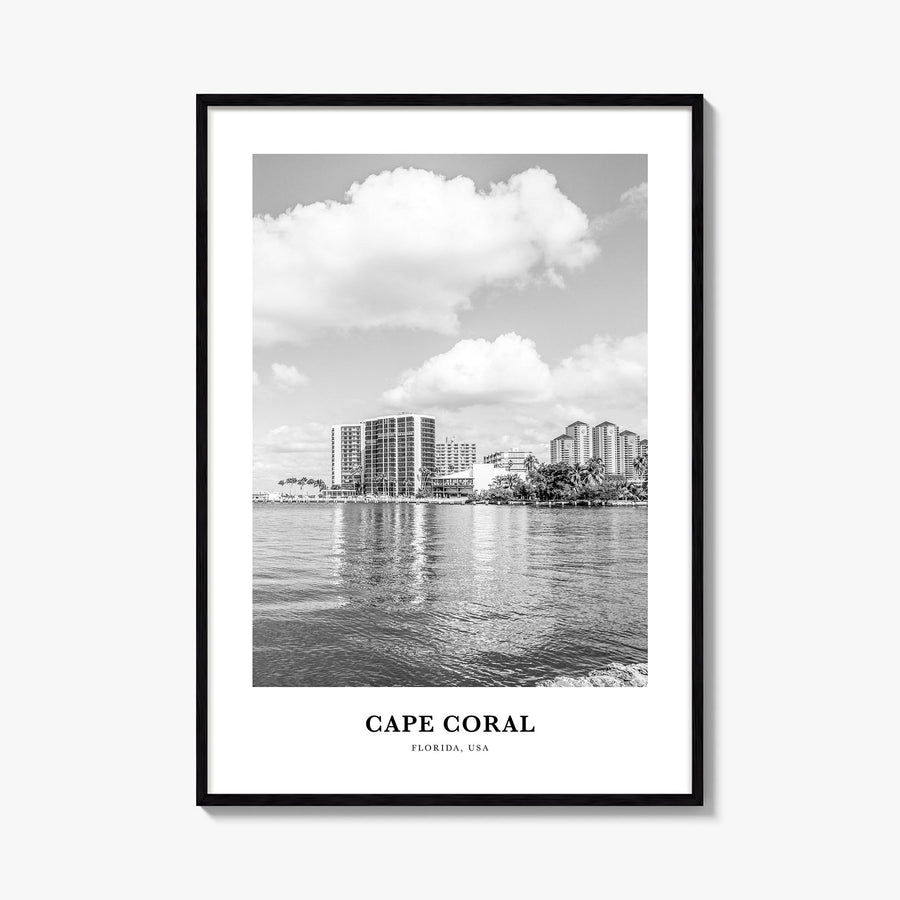 Cape Coral black & white classic poster of Florida, USA – vertical wall art, unframed print shown in interior mockup