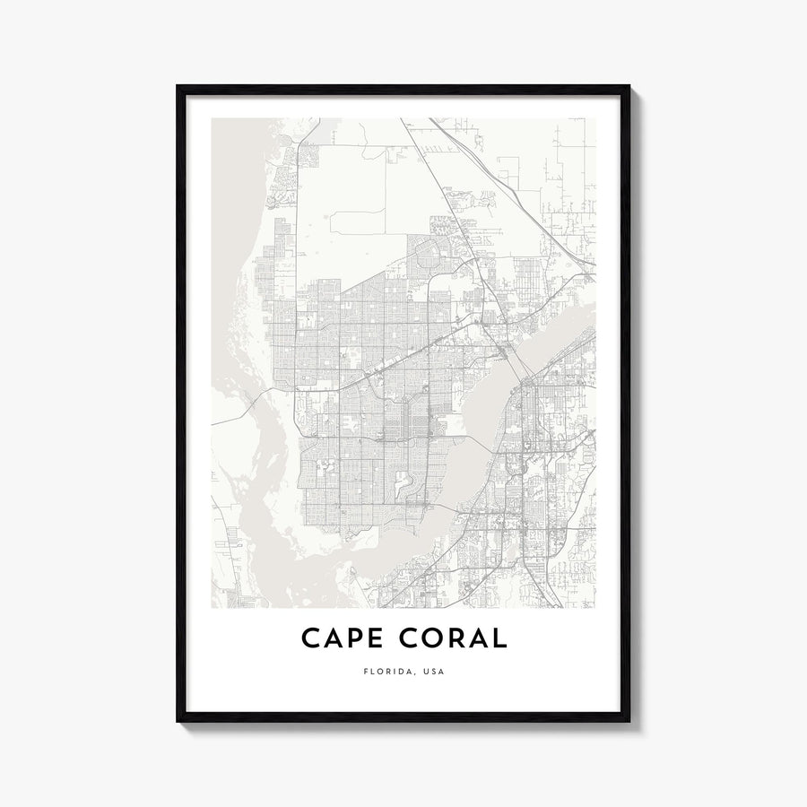 Cape Coral black & white map poster of Florida, USA – vertical wall art, unframed print shown in interior mockup