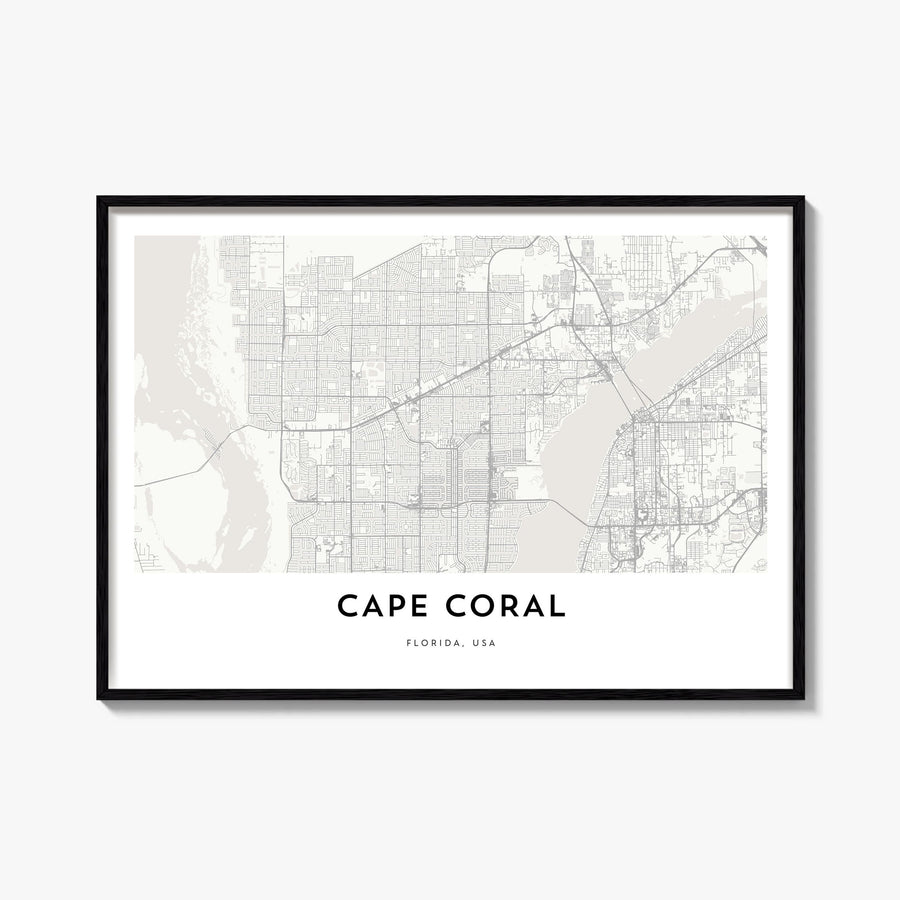 Cape Coral black & white map poster of Florida, USA – horizontal wall art, unframed print shown in interior mockup