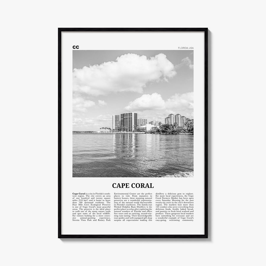 Cape Coral black & white newspaper poster of Florida, USA – vertical wall art, unframed print shown in interior mockup