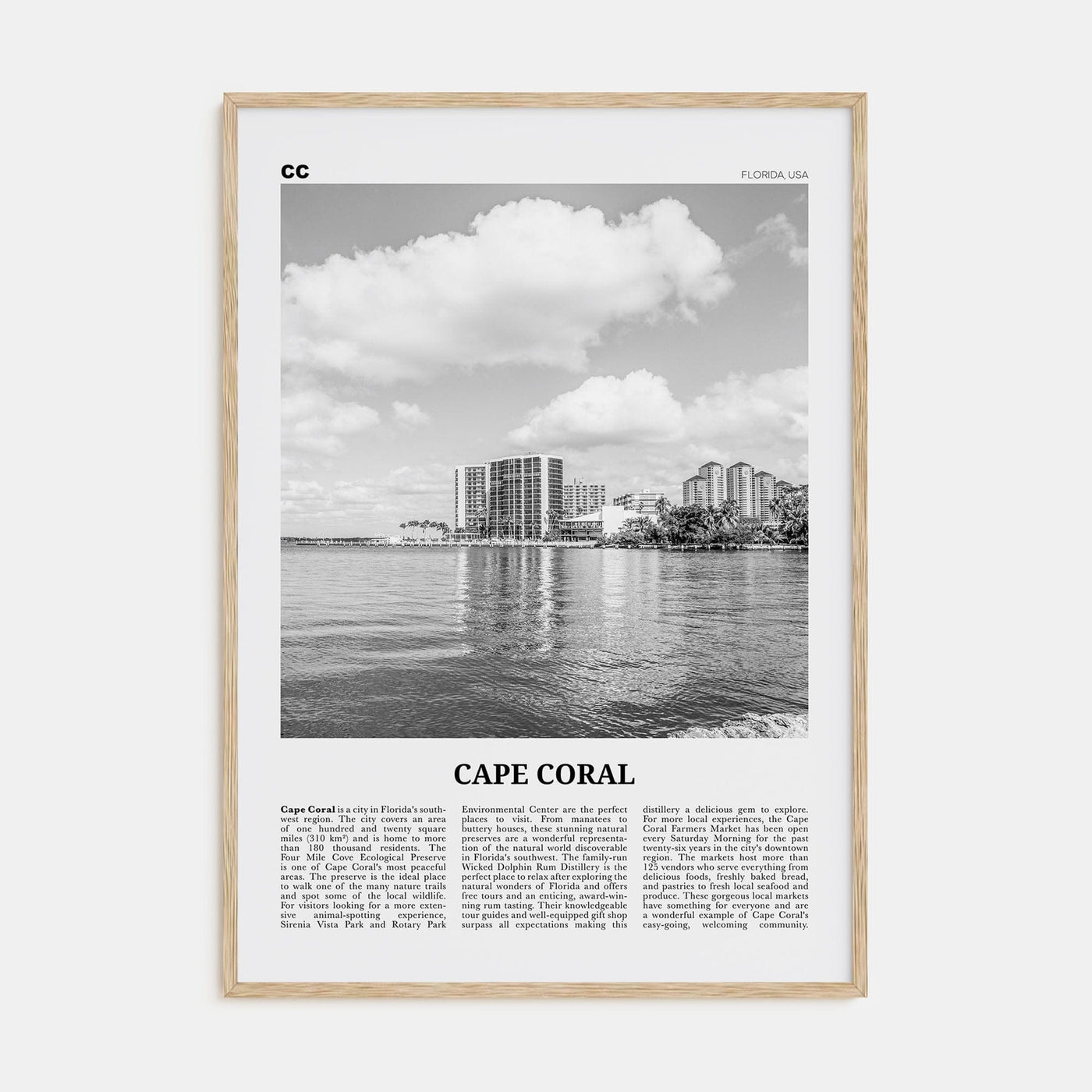 Cape Coral Poster Natural Wood / 8x12 in Nbourhood Travel B&W Poster