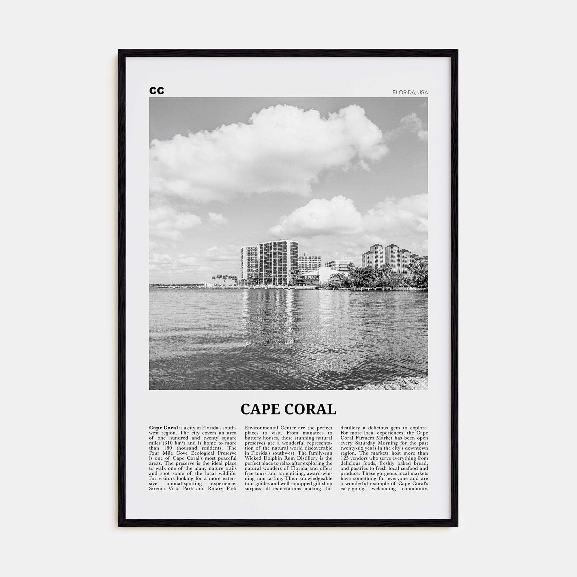 Cape Coral Poster Black Wood / 8x12 in Nbourhood Travel B&W Poster