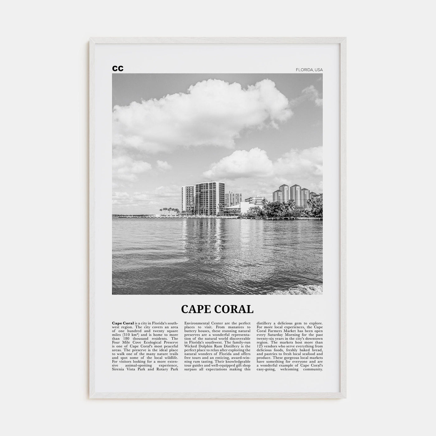 Cape Coral Poster White Wood / 8x12 in Nbourhood Travel B&W Poster