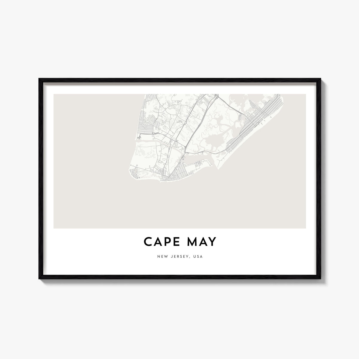 Cape May black & white map poster of New Jersey, USA – horizontal wall art, unframed print shown in interior mockup