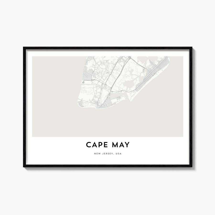 Cape May black & white map poster of New Jersey, USA – horizontal wall art, unframed print shown in interior mockup