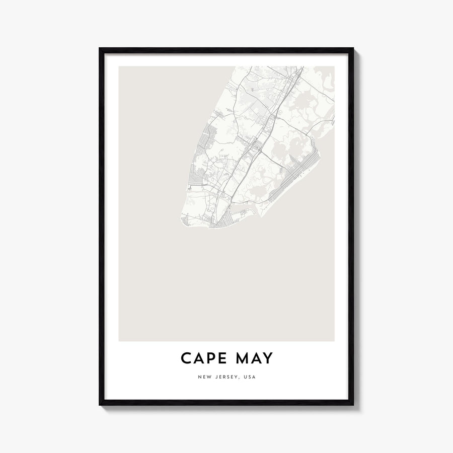 Cape May black & white map poster of New Jersey, USA – vertical wall art, unframed print shown in interior mockup