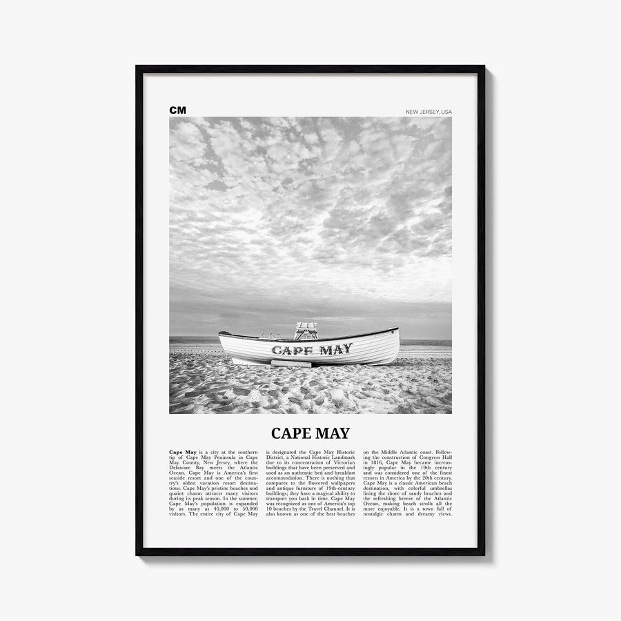 Cape May black & white newspaper poster of New Jersey, USA – vertical wall art, unframed print shown in interior mockup