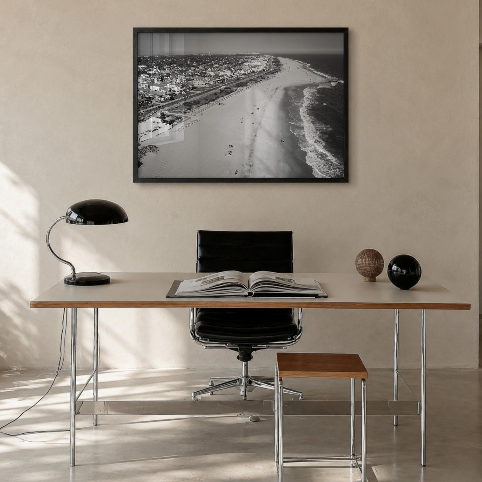 Cape May black & white photo poster of New Jersey, USA – horizontal wall art in black wood frame, hanging on wall