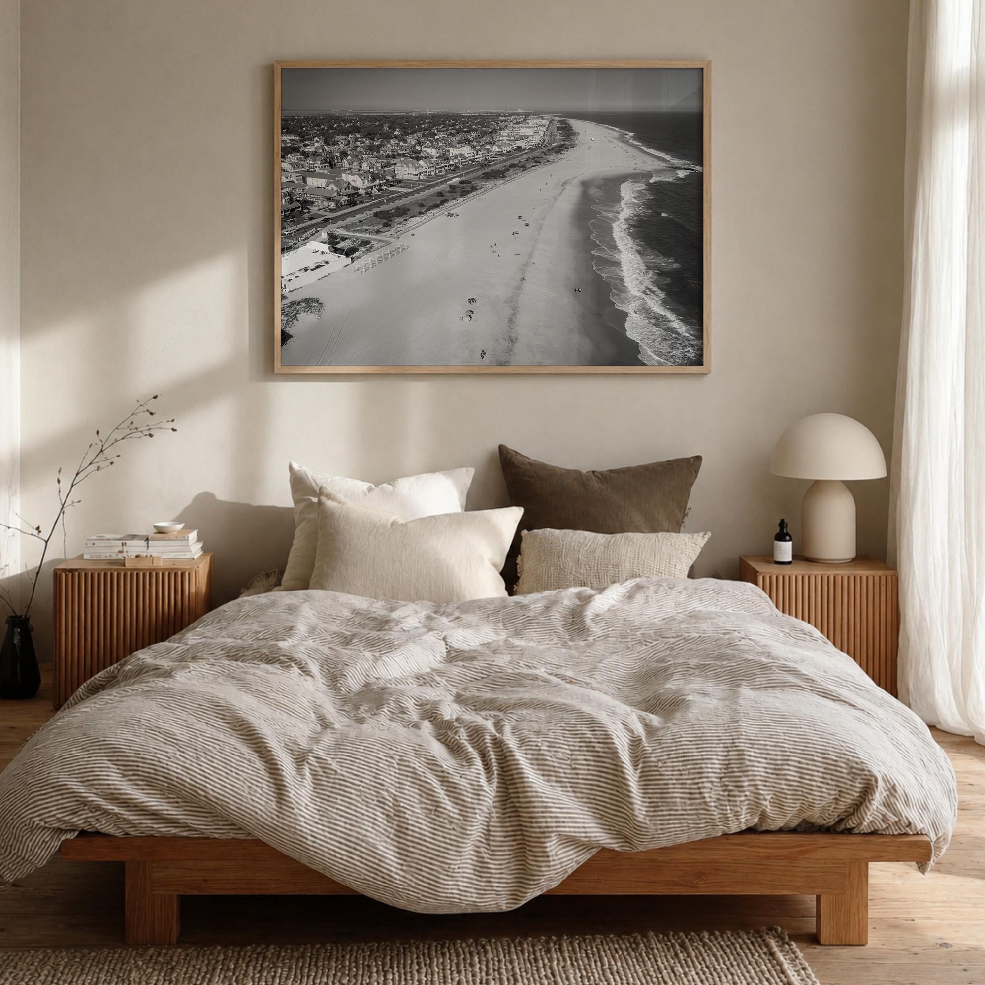 Cape May black & white photo poster of New Jersey, USA – horizontal wall art in natural wood frame, hanging on wall