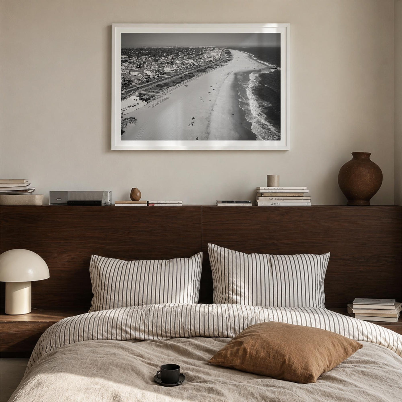 Cape May black & white photo poster of New Jersey, USA – horizontal wall art in white wood frame with white border, hanging o