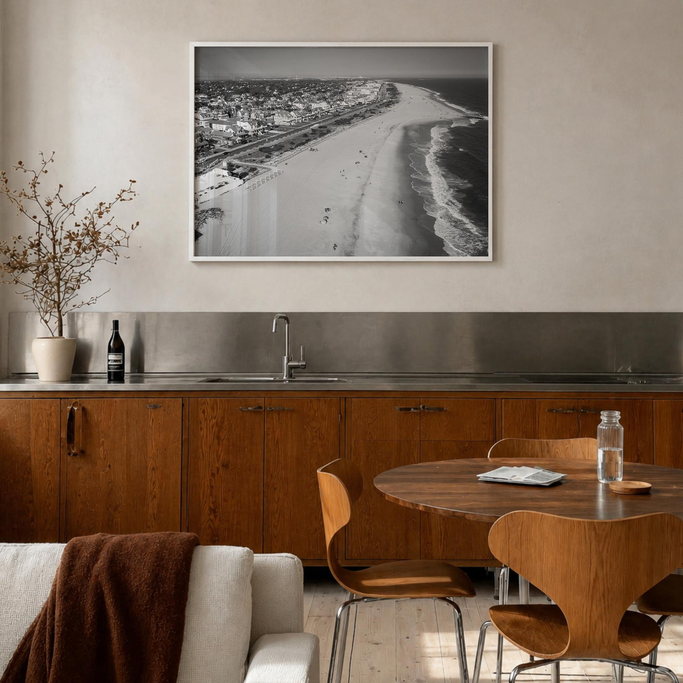 Cape May black & white photo poster of New Jersey, USA – horizontal wall art in white wood frame, hanging on wall