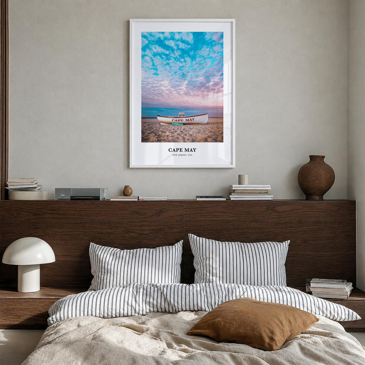 Cape May colorful classic poster of New Jersey, USA – vertical wall art in white wood frame, hanging on wall