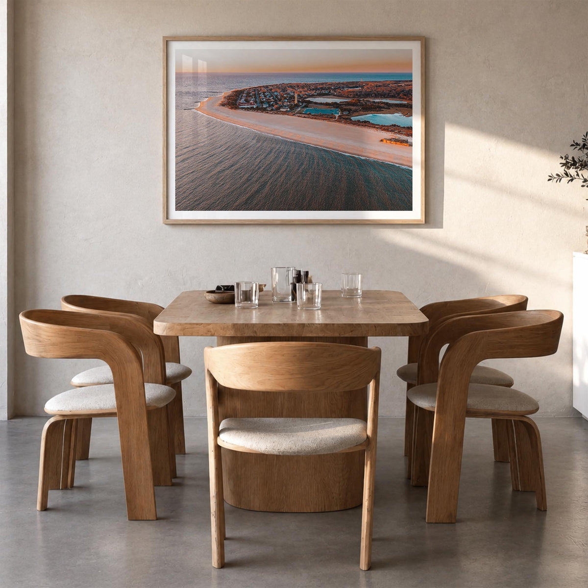 Cape May colorful photo poster of New Jersey, USA – horizontal wall art in natural wood frame with white border, hanging on w
